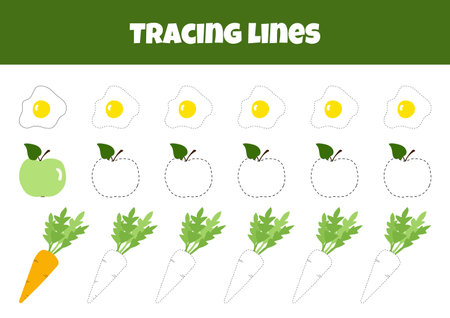 Outline The Fried Egg, Apple, And Carrot On The Worksheet For Tracing Lines For Preschoolers Aged 4-6 Yearsのイラスト素材