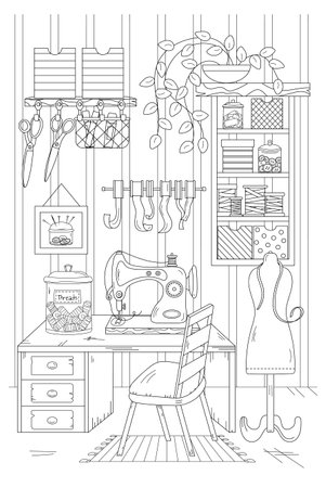 Coloring Page. A Sewing Workshop Coloring Book For Adults And Childrenのイラスト素材