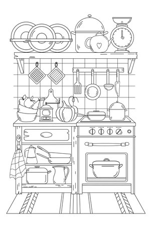 Home Kitchen Coloring Book For Adults And Childrenのイラスト素材
