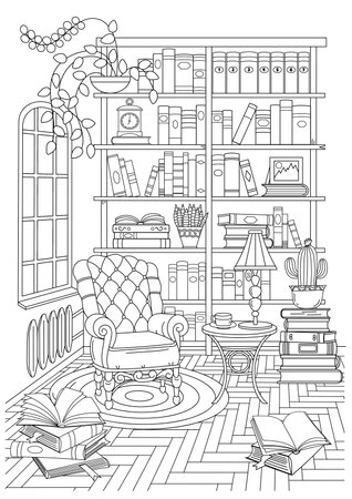 Coloring Book For Adults And Children. Home Library.のイラスト素材
