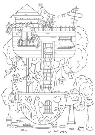 Page Coloring, Treehouse Book Coloring For Adults And Children, Captures The Imaginationのイラスト素材