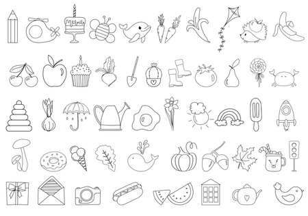 Coloring Page Set Features Simple Objects For Coloring, Suitable For Toddlers From 3 Years Oldのイラスト素材