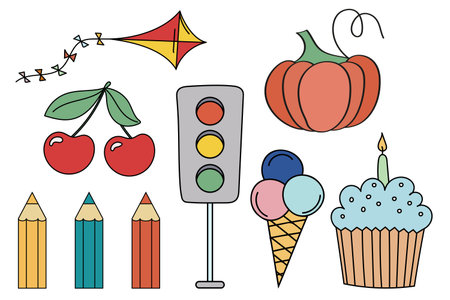 ChildrenS Simple Drawings Include Cherry, Traffic Light, Kite, Pumpkin, Ice Cream, And Cupcakeのイラスト素材