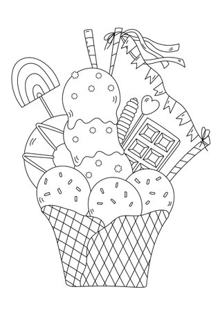 Coloring Page - Ice Cream In A Cup With Many Details Is A Stress Relief For Adults And Childrenのイラスト素材