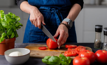 Preparing Caprese Salad, Female Hands Are Cutting Tomatoes On A Board, With Mozzarella, Basil, And Spices Nearbyの写真素材