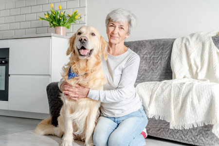 Woman With Grey Hair Enjoys Time At Home With Golden Retrieverの写真素材