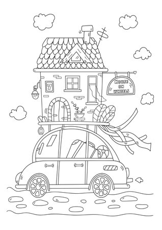 Coloring Page For Adults And Children Features A Car Carrying A House, Symbolizing Vacation Conceptのイラスト素材