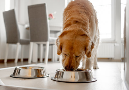 Golden Retriever Dog Eats From Bowl In Kitchen With Bright Interiorの写真素材