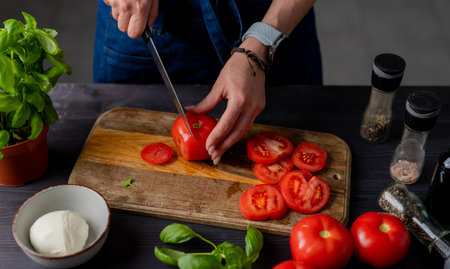 Preparing Caprese Salad, Female Hands Are Cutting Tomatoes On A Board, With Mozzarella, Basil, And...