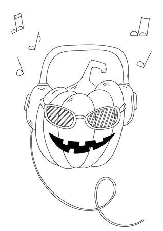 Colouring page Cartoon Halloween Pumpkin In Glasses Listening To Musicのイラスト素材
