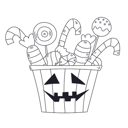 Colouring page Cartoon Illustration Of Halloween Shows Candies In A Basket,のイラスト素材
