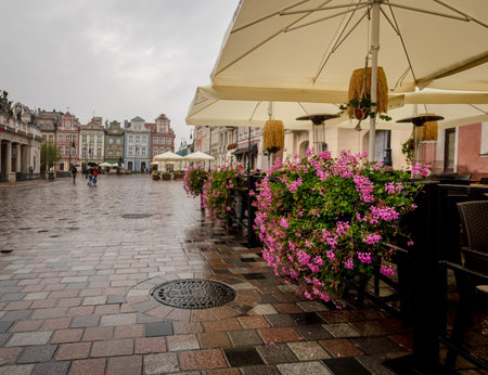 Rain Falls On Street Cafe In PoznanS Central Square, Polandの写真素材