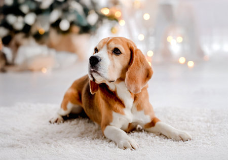 Beagle dog in Christmas time lying on floor and looking back in decorated room with New Year festive lights. Doggy pet in Xmas home atmosphereの写真素材