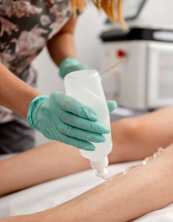 Master Of Laser Hair Removal Applies Gel To GirlS Leg In Close-Up View