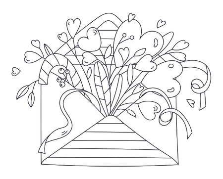 ValentineS Day Coloring Page Features An Envelope With Heartsのイラスト素材