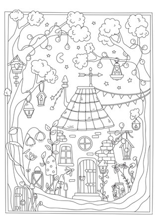Coloring Page Features A Small House In A Nighttime Forestのイラスト素材