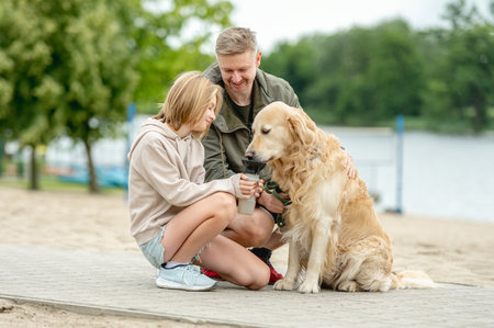 Girl With Dad Gives Golden Retriever A Drink While On A Walkの写真素材