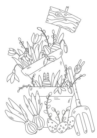Easter-Themed Coloring Page With Garden Pots Flowers And Easter Eggs For Adults And Kidsのイラスト素材