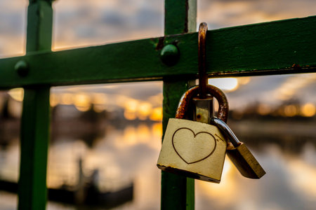 Heart Lock On Bridge Symbolizes Loversの写真素材