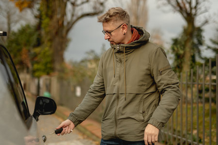 Young Man Stands On The Street With A Car, Opening The Car Door With A Key