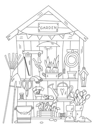 Garden Tool Shed In Progress And Spring Page Coloringのイラスト素材