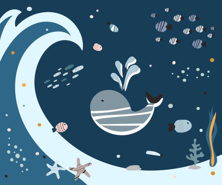 Whale Swimming With Fish In Ocean, Vector Illustration In Cartoon Styleのイラスト素材