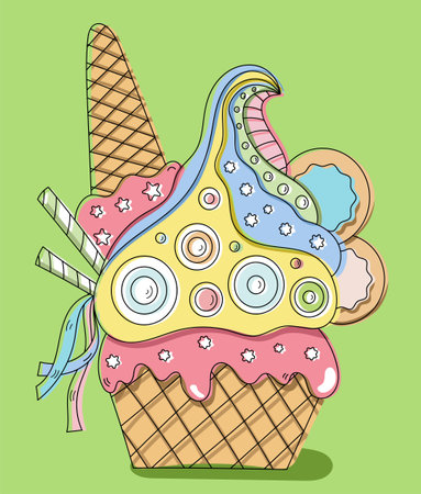 Cartoon-Style Vector Illustration Of A Cupcake With Lots Of Toppingsのイラスト素材