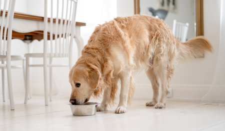 Golden Retriever Eats Dog Food At Homeの写真素材