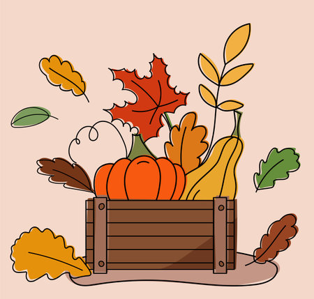 Box With Pumpkins And Autumn Leaves Vector Illustration In Cartoon Styleのイラスト素材