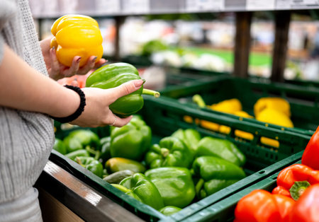 Girl Choosing Sweet Peppers At Supermarket With Close-Up Of Handの写真素材