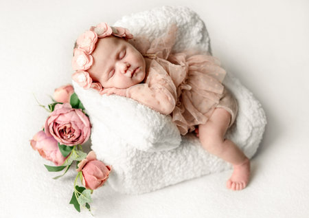 Newborn Baby Girl Sleeping In Tiny Chair During Studio Photoshootの写真素材