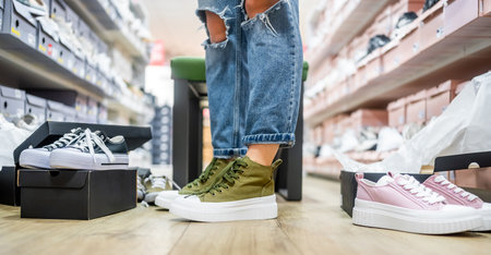 Woman Trying On Sneakers In Different Colors In A Shoe Storeの写真素材