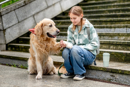 Golden Retriever Giving Paw To Girl On Commandの写真素材