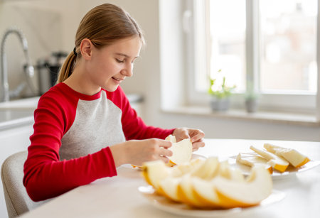 Happy Teenage Girl Eating Melon In The Kitchen At Homeの写真素材