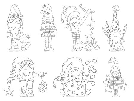 Christmas Coloring Page And Set Of Illustrated Christmas Gnomesのイラスト素材