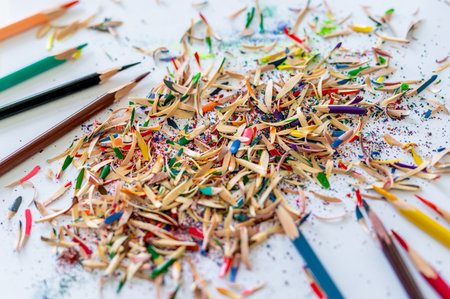Colored Pencil Shavings In Action And Sharpening Pencils Viewed From Aboveの写真素材