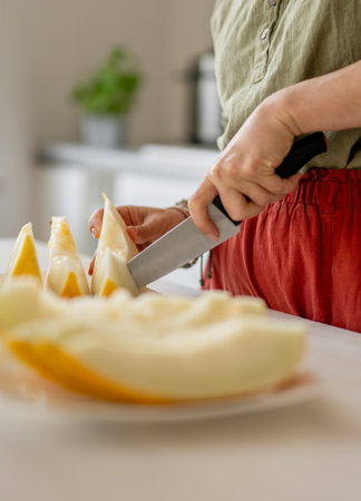 Woman Cutting A Melon Close-Upの写真素材