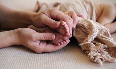 Backstage At A Newborn Photo Session, Mom Stroking Baby's Legs