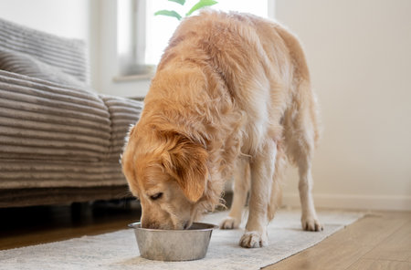 Golden Retriever Eating From A Bowl In The Living Room At Homeの写真素材