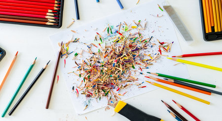 Shavings Box Cutter Pencils In Use View From Above Pencil Sharpeningの写真素材