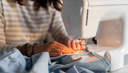 Womans Hands Sewing On A Machine In Close-Upの写真素材