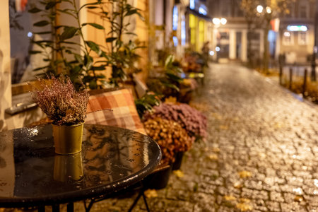 Evening View Of A Street Cafe Under The Autumn Rainの写真素材