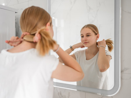 Teen Girl Tying Hair In A Ponytail At Home In The Bathroomの写真素材