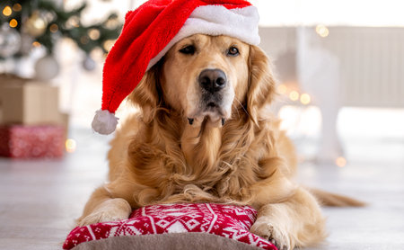 Golden Retriever Wearing A Santa Hat In A Christmas Home Interior With A Tree In The Backgroundの写真素材