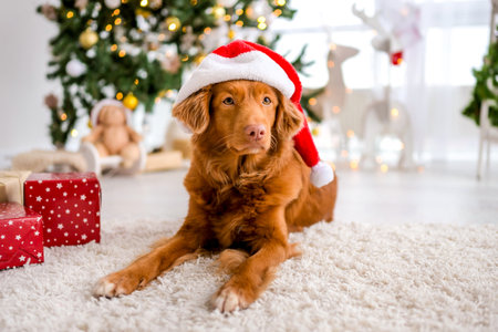 Nova Scotia Duck Tolling Retriever Wearing A Santa Hat In A Christmas-Themed Home Interior In Front Of A Treeの写真素材