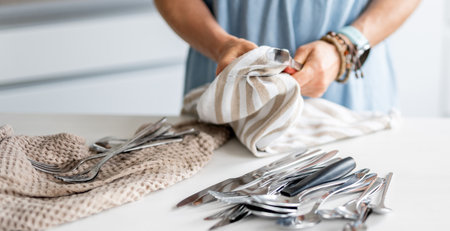 Woman Wiping Knives And Forks In Close-Up