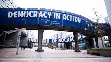 Brussels, Belgium - 14 December 2025: Interactive Multimedia Panoramic Signboard At European...