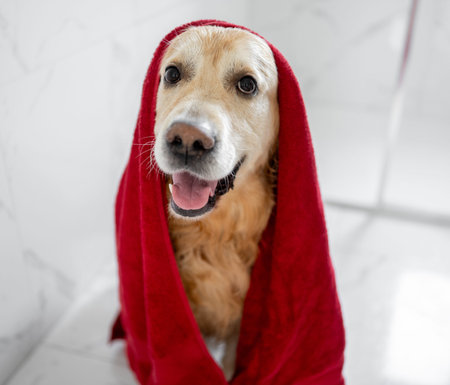 Golden Retriever Wearing A Red Towel On Its Head After Bathingの写真素材