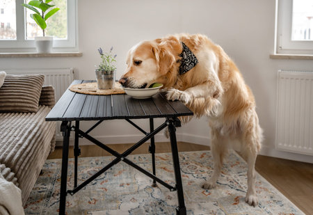 Golden Retriever Dog Eats Food From The Plate On The Tableの写真素材