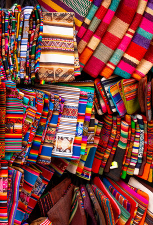 Colorful Traditional Woven Products Available At The Market In Peruの写真素材